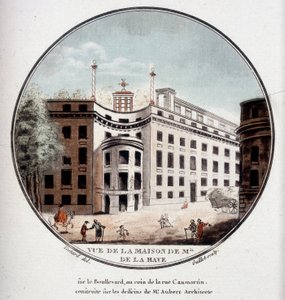 Pohled na dům pana de La Haye na rohu Rue Caumartin v Paříži, postavený podle výkresů architekta Auberta. V pittoreskních pohledech na hlavní budovy Paříže od seržanta od Antoine Louis Francois Sergent Marceau