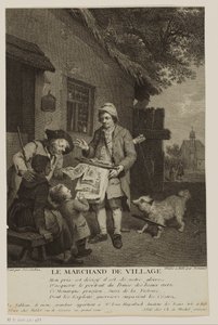Potulný prodejce tiskovin ve vesnici Le Marchand de Village (název na objektu) od Antoine Louis Romanet