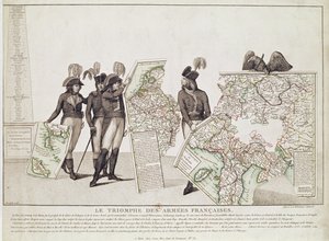 Triumf francouzských armád, Napoleon a jeho generálové drží mapy svých vítězství v době míru v Loebenu, 18. dubna 1797, kolem roku 1797