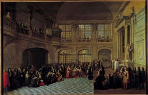 Král Ludvík XIV. přijímající přísahu markýze de Dangeau, velmistra sjednocených řádů Notre Dame du Mont Carmel a Saint Lazarus, v kapli zámku ve Versailles dne 18.12.1695. Philippe de Courcillon, markýz de Dangeau (1638-172 od Antoine Pezey