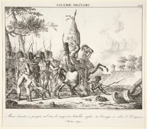 Menier (Husar) se sám vrhne do linie anglického praporu, zabije praporčíka a zajme vlajku (Druten, 1795)