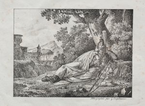 Sbírka litografických esejů: Kouřící drak leží na úpatí stromu, 1822.