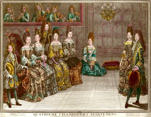 Tanec ve čtvrté ložnici bytů rodiny Ludvíka XIV. (1638-1715) během večerů bytu ve Versailles kolem roku 1696: vévoda z Chartres tančí menuet s mademoiselle za přítomnosti vévodkyně z Maine, vévody z B