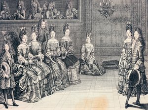 Vévoda burgundský, vévodkyně z Maine, princezna z Conti a vévodové z Chartres poslouchají hudbu, rytina, Francie