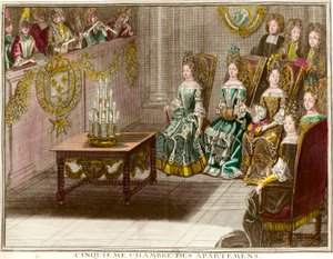 Hudební sezení v páté ložnici rodinných apartmánů Ludvíka XIV. (1638-1715) během večerů bytu ve Versailles kolem roku 1694 Rytina Antoina Trouvaina (1656-1708) 1694 cca. Soukromá sbírka