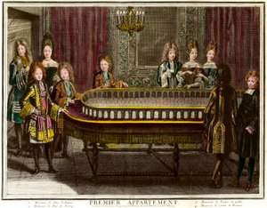 Philippe of France, vévoda z Anjou, tehdejší král Španělska (1683-1746), Charles, vévoda z Berry (1686-1714) a princ z Walesu hrající portikus v prvním bytě Ludvíka XIV ve Versailles - rytina Antoina Trouvaina (1656 -1708) Soukromá sbírka - Cha