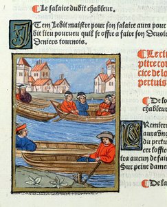 Převozníci na řece Seině, z „Ordonnances Royaux de la Juridiction de la Prevote des Marchands de la Ville de Paris“, 1528 (wc und kvaš na papíře)