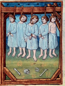 Pět mužů oběšeno. Miniatura v „“ kronikách Saint Denis“ Paris, Antoine Verard