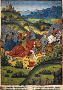 Lancelot v bitvě - VERARD, Antoine (15. století). anglický nakladatel a knihkupec.; LANCELOT (6. stol.). Rytíř dvora krále Artuše. Lancelot v bitvě. Ilustrace „Lancelot du Lac“ od Antoina Verarda (1494). Gotické umění. Miniaturní malba. FR