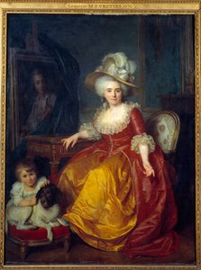 Portrét v nohách Madame Vestier (1740-1831) s dítětem u nohou štípajícím ucho psa Malba Antoina Vestiera (1740-1824) 1787 Sun. 1,76x1,34 m