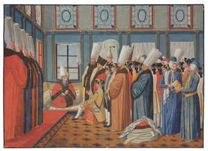 Předání hraběte de Vergennes, velvyslance Ludvíka XV., Reisovi Effendimu, velkovezírovi, osmanskému sultánovi „Uthman III dne 31. května 1755 od Antoine de Favray