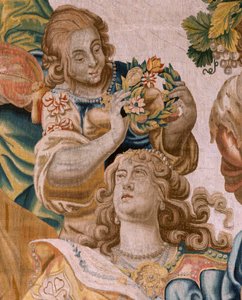 Vlámský gobelín. Seriál Příběh Thésea. Bacchus si bere Ariadnu za manželku (Baco toma a Ariadna por esposa). Devátá tapisérie v sérii. Model Anthonis Sallaert. Výroba Jan Raes mladší, Brusel. Cca 1630.; Tkanina Hedvábí a vlna. Rozměr 392 x 45