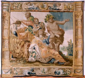 Vlámský gobelín. Seriál Příběh Thésea. Bacchus si bere Ariadnu za manželku (Baco toma a Ariadna por esposa). Devátá tapisérie v sérii. Model Anthonis Sallaert. Výroba Jan Raes mladší, Brusel. Cca 1630.; Tkanina Hedvábí a vlna. Rozměr 392 x 45