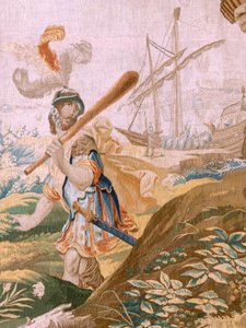 Vlámský gobelín. Seriál Příběh Thésea. Theseus opouští Ariadnu na ostrově Naxos (Teseo abandona a Ariadna en la Isla de Naxos). Osmý gobelín v sérii. Model Anthonis Sallaert. Výroba Jan Raes mladší, Brusel. Cca 1630. Fabric S