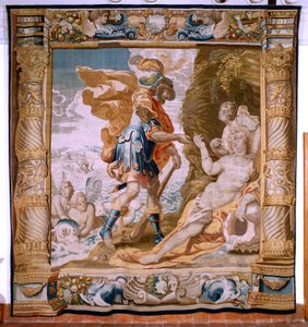 Vlámský gobelín. Seriál Příběh Thésea. Theseus dostává Mínův prsten od Amfitríta (Teseo recibe de Anfítrite la sortija de Minos). Pátá tapisérie v sérii. Model Anthonis Sallaert. Výroba Jan Raes mladší, Brusel. Cca 1630. Tkanina Hedvábí