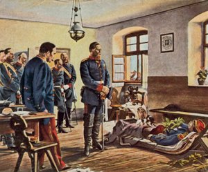 Korunní princ Friedrich Wilhelm u těla generála Douaye, 4. srpna 1870 (barevná litografie)
