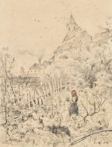 Selská dívka na zahradě za kostelem a vesnicí od Anton Brioschi