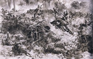 Wuerttemberští královští granátníci prorážejí nepřátelská umístění v Argonnes, z hospody Ilustrovaná historie světové války 1914-1915. od Union Berlagsefellfchaft od Anton Hoffman