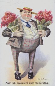 Přání k narozeninám zobrazující muže nesoucího kytice (chromolitho) od Anton Hoffmann