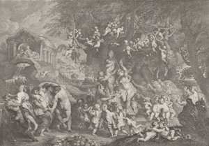 Svátek Venuše se skupinami satyrů, nymf a putti tančících kolem sochy Ve..., 1732.