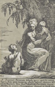Žena stojící u paty stromu držící nemluvně se sedícím chlapcem, 1724.