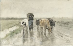 Pastýř s krávami na venkovské cestě v dešti Farmářova žena s krávami na venkovské cestě v dešti od Anton Mauve