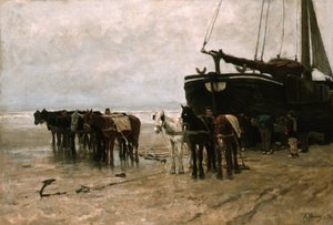Holandsky: Bomschuit s tažnými koňmi na pláži Scheveningen Rybářský člun s tažnými koňmi na pláži Scheveningen od Anton Mauve