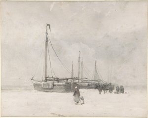 Rybářské lodě na pláži v zimě od Anton Mauve