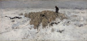 Stádo ovcí s pastýřem na sněhu od Anton Mauve