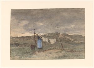 Žena u prádelní šňůry v dunách od Anton Mauve