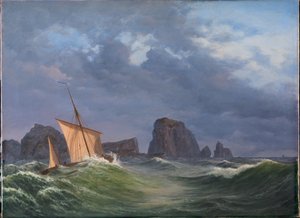 Shetlandská rybářská loď v bouřlivém počasí severně od Orknejských ostrovů