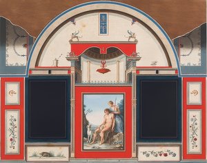 Nástěnná malba římského domu v areálu Villa Negroni v Římě, zobrazující Venuši a zraněného Adonise. 1778