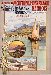 Plakátová reklama jízdy vlakem Montreux-Oberland-Bernois, c. 1910 (barevné lito)