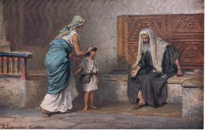 Hannah přivádí Samuela k Eli, z Hulberts Story of the Bible vydané The John Winston Company, 1932