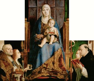 Německy: Maria s dítětem a Mikulášem z Bari, Anastázie (), Uršula, Dominik a (překrytý rámem) Helena San Cassiano Altarpiece od Antonello da Messina