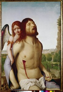 Mrtvý Kristus podepřený andělem. (olej na panelu od Antonello da Messina