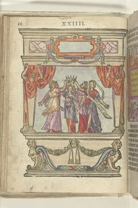 Jeviště, ve kterém personifikace Slávy, Majestátu, Velkorysosti, Velkoleposti a Skromnosti společně drží korunu, 1578