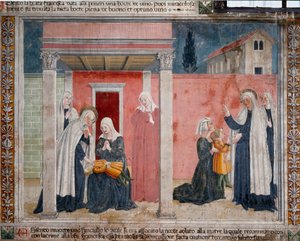 Život Saint Francoise Romaine (santa Francesca romana) (1384-1440): „“ světec vstává z nepokřtěného dítěte, jehož matka se omylem udusila ve spánku“““ Freska Antoniazzo Romano (15. století) 1468 Řím, klášter komunity z obláta d