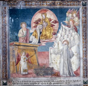 Život sv. Francesky Romany: 1. března 1433, Francesca ve vidění je vzata Matkou Boží pod svůj plášť (Freska od Antoniazzo Romano