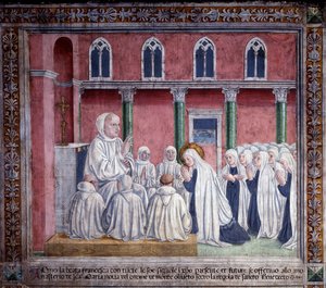 Život sv. Francesca Romana: Světec a obláti se nabízejí benediktinskému řádu a usazují se v kostele santa maria nova v Římě (Fresco