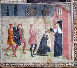 Život svaté Francescy Romany: Světice potkává ochrnutou ženu Jacobellu a slibuje, že ji uzdraví (Fresco od Antoniazzo Romano
