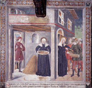 Život svaté Francescy Romany: během vážného hladomoru v roce 1402 dává Francesca všechno své obilí chudým (Fresco od Antoniazzo Romano