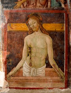 Pieta Aureola Ježíše Krista je označena křížem. Detail fresky od Antonia Aquiliho detto Antoniazzo Romano (aktivní kolem 1461-1508) Klášter Saint Benoit z 15. století (Sacro Speco), Subiaco (Řím), Itálie