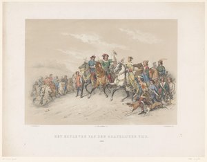 Utrechtská maškaráda z roku 1851: Soudní život v roce 1296 Dvorský život hraběcího věku. 1296 (název na objektu) Národní dějiny. od nejstarších dob do konce 17. století, v osmi scénách, v kostýmech uváděných H.H. Dtudente od Antonie Johannes Groeneveldt