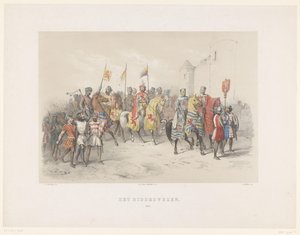 Utrechtská maškaráda z roku 1851: Rytířství, 1217 Rytířství, 1217 (název na předmětu) Národní dějiny. od nejstarších dob do konce 17. století, v osmi scénách, v kostýmech uváděných H.H. Studenti Utrechtsche Hoo od Antonie Johannes Groeneveldt