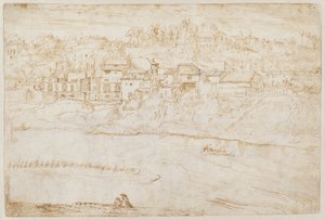 Pohled na kopec Janiculum při pohledu z Tibery (recto) od Antonie van den Wyngaerde