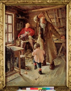 A Merry Moment (V truhlářské dílně hraje chlapec na harmoniku, aby roztančil malou holčičku a starce) - Veselá chvilka - Obraz Antoniny Leonardovny Rževské (1861-1934), olej na plátně od Antonina Leonardov Rzhevskaya