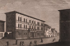 Pohled na biskupský palác v Pistoia, Toskánsko, Itálie, mědirytina Antonia Morghena (1788-1853), cca 13x9,5 cm od Antonio (1788-1853) Morghen