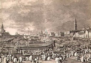 Vylodění dóžete na Bucintoro pro sňatek do moře, vyryto Giovanni Battista Brustolon (1712-96) (rytina)