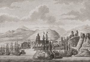 Holandská flotila u Malagy, Španělsko 1784 palebný pozdrav. (tisk) od Antonio (after) Suntach